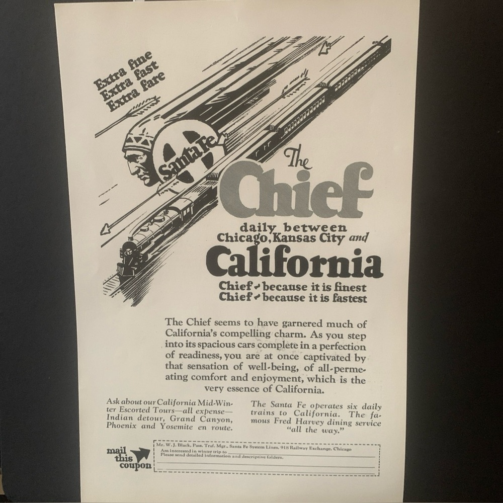 Vintage 1928 Santa Fe Extra Fine Extra Fast Extra Fare Ad Advertisement
